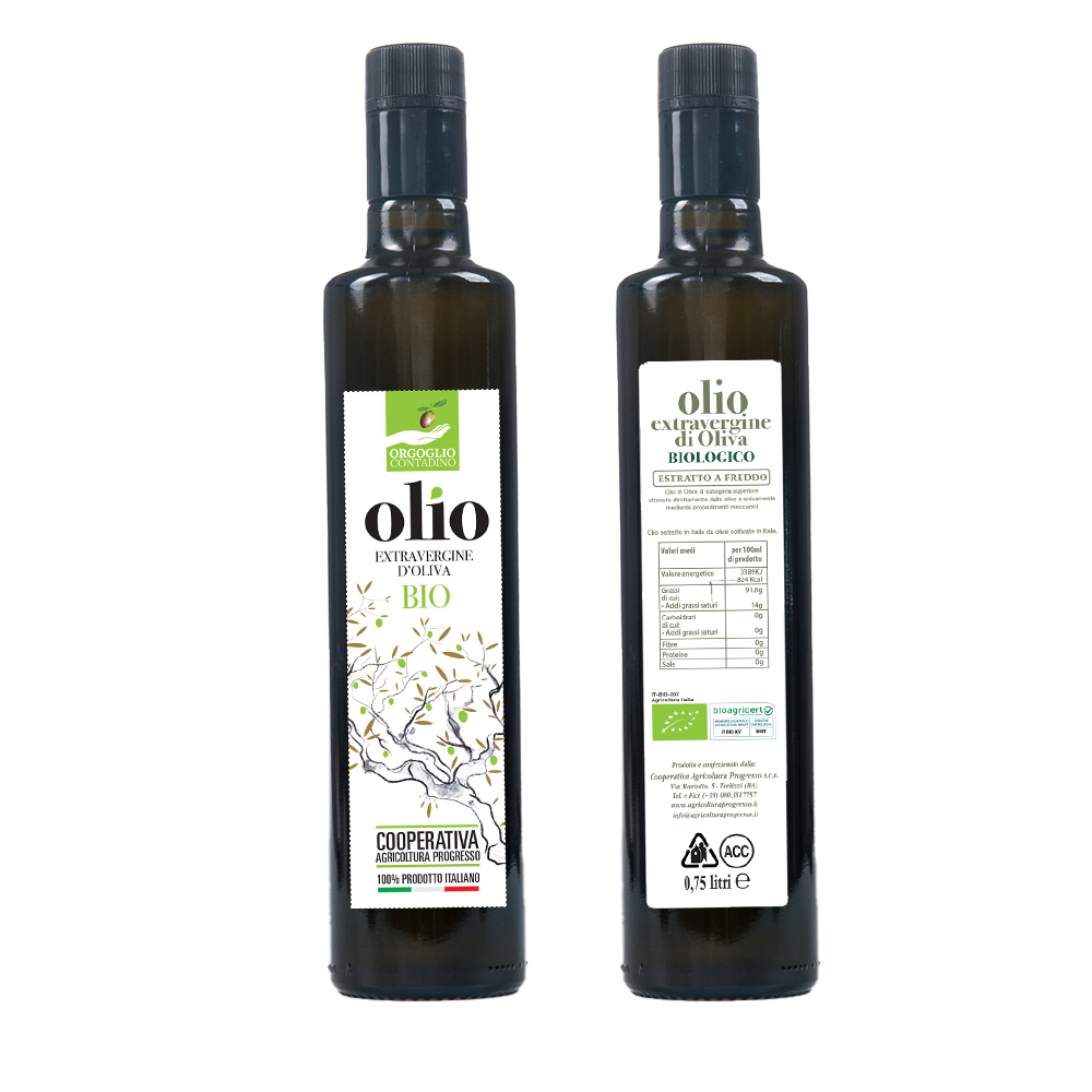 Bottiglia da 0.75 Lt. Olio Extravergine di Oliva 100% ITALIANO – BIOLOGICO – Campagna Olearia ’25/’26