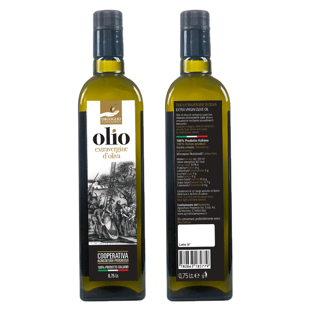 Bottiglia da 0.75 Lt. Olio Extravergine di Oliva 100% ITALIANO – Campagna Olearia ’25/’26