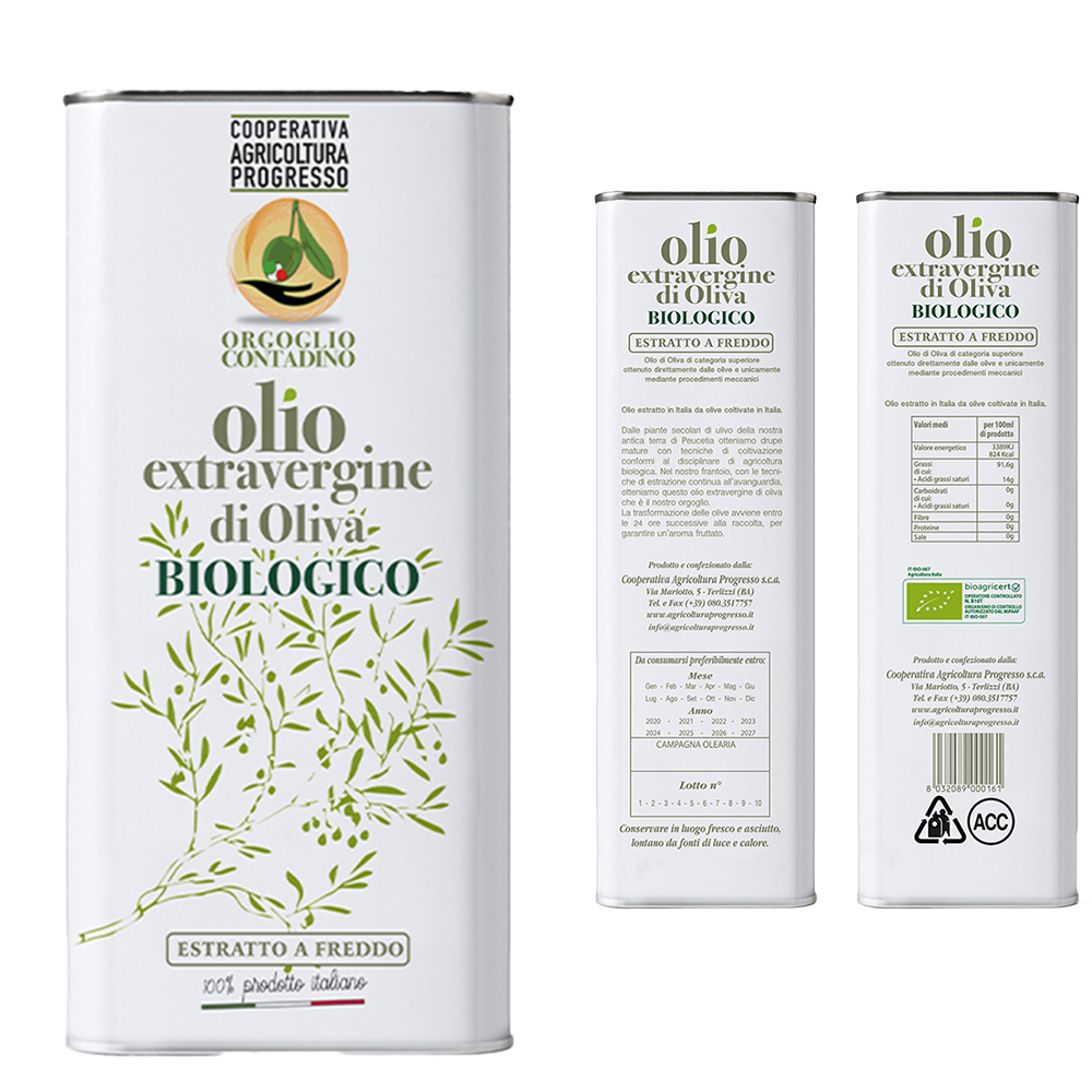 Lattina da 3 lt di Olio Extravergine di Oliva 100% ITALIANO – BIOLOGICO – Campagna Olearia ’25/’26